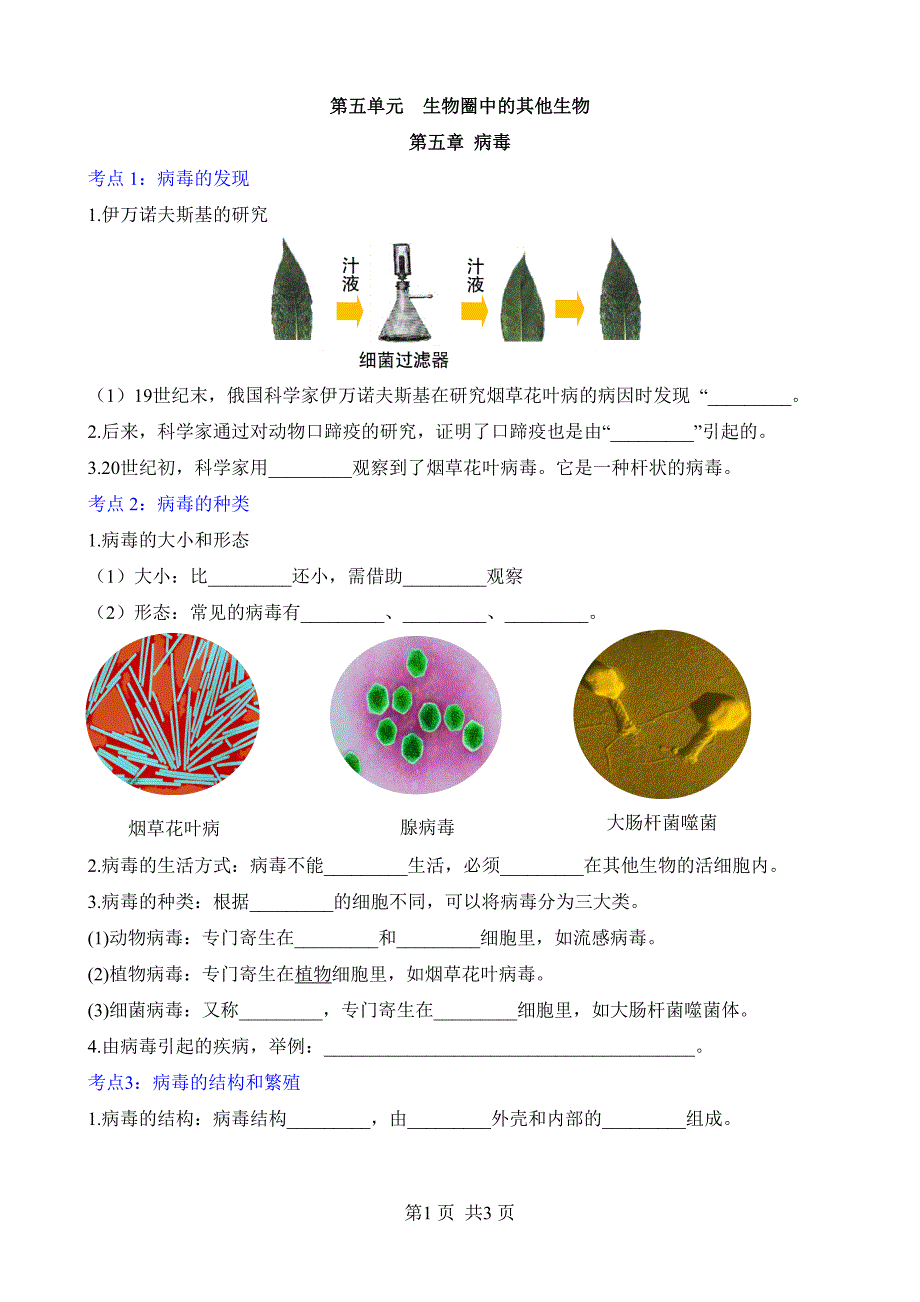 【人教】八上生物默写-第五单元 第五章 病毒_第1页