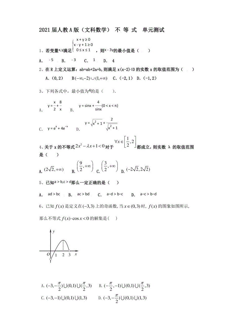 2021届人教A版（文科数学） 不 等 单元测试_第1页