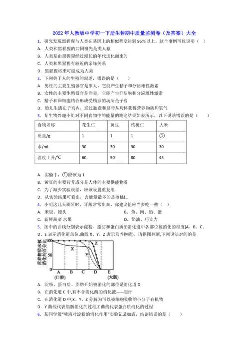 2022年人教版中学初一年级下册册生物期中质量监测卷（及答案）大全