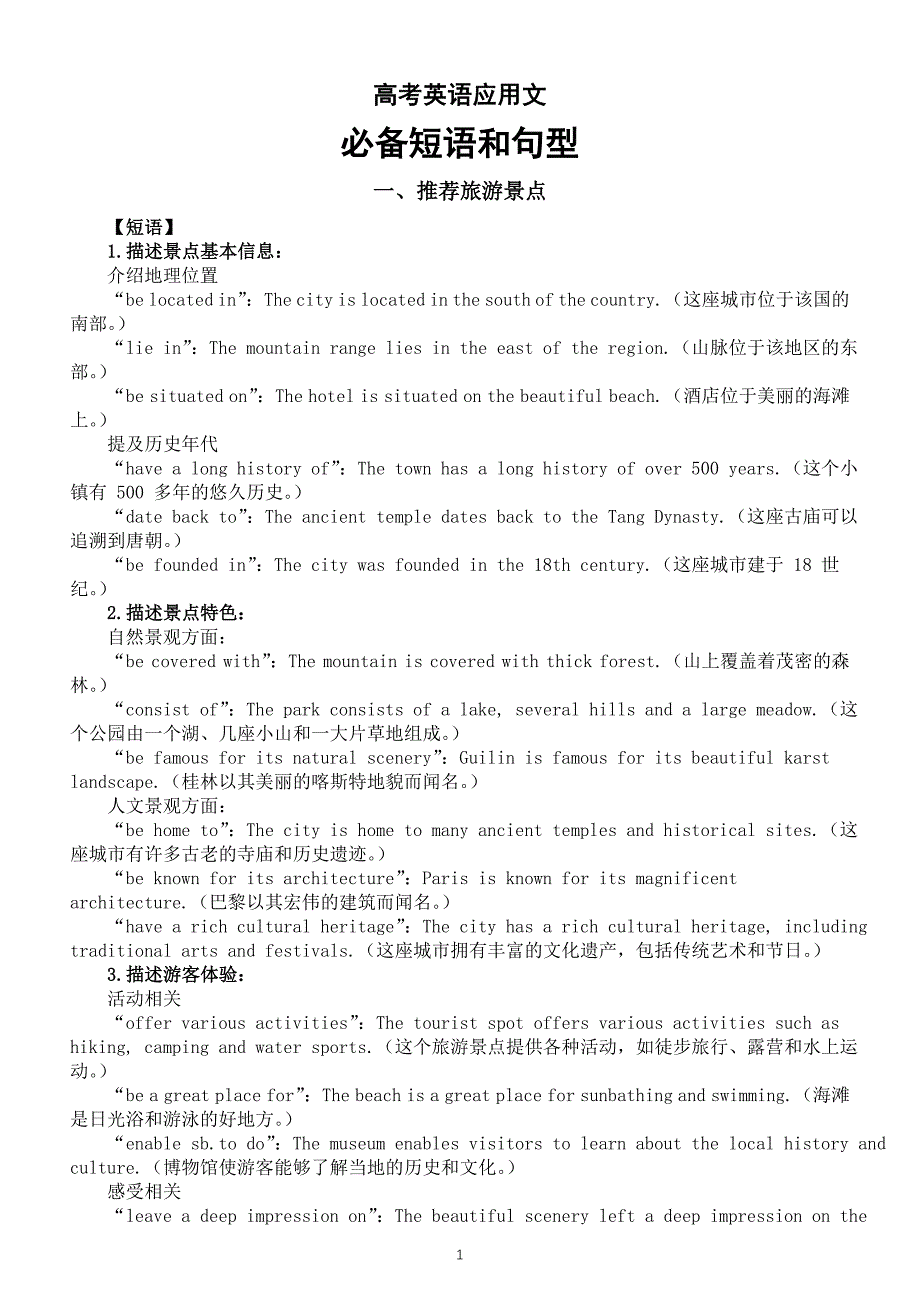 高中英语2025届高考应用文必备短语和句型系列1119（推荐旅游景点+倡议信）_第1页