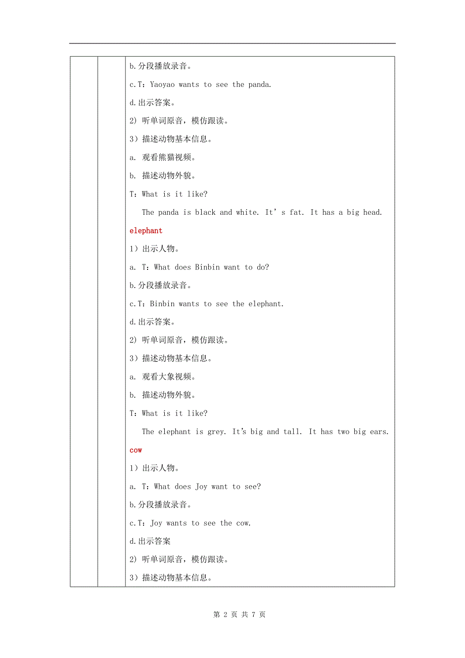 小学五年级英语(人教版)《Unit3-Animals》(第一课时)-教学设计、课后练习、学习任务单_第2页