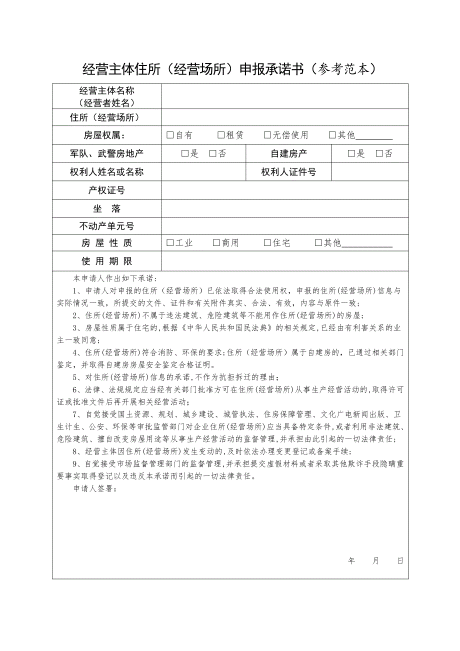 最新市场主体住所（经营场所）申报承诺书_第1页