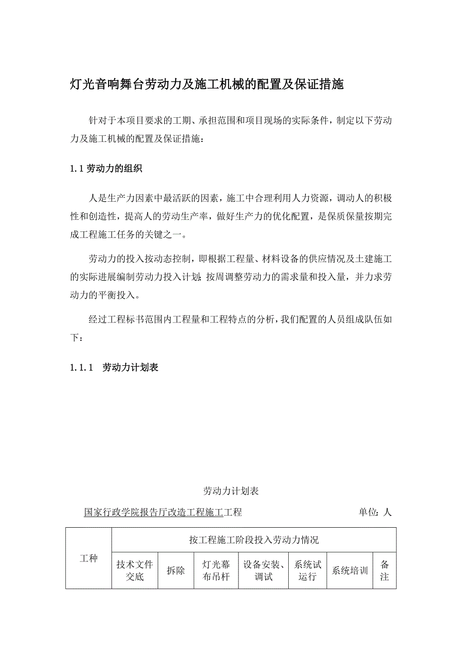 灯光音响舞台劳动力及施工机械的配置及保证措施_第1页