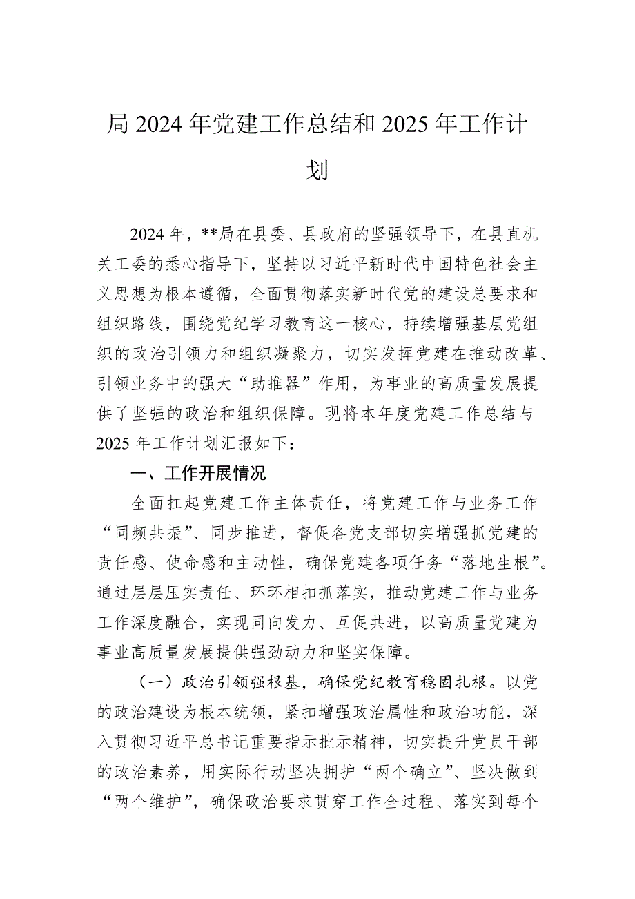 局2024年党建工作总结和2025年工作计划_第1页