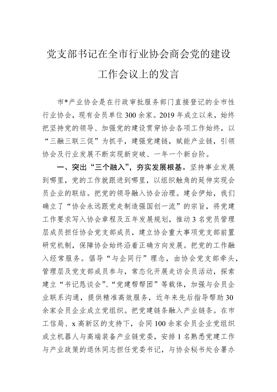 党支部书记在全市行业协会商会党的建设工作会议上的发言_第1页