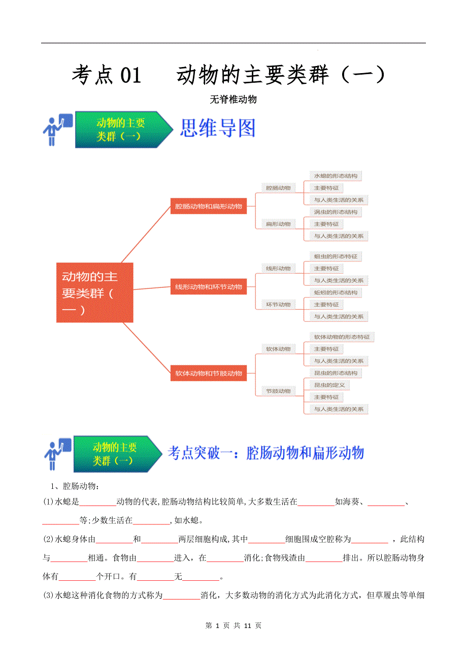 【人教】考点01 动物的主要类群（一、无脊椎动物）（原卷版）_第1页