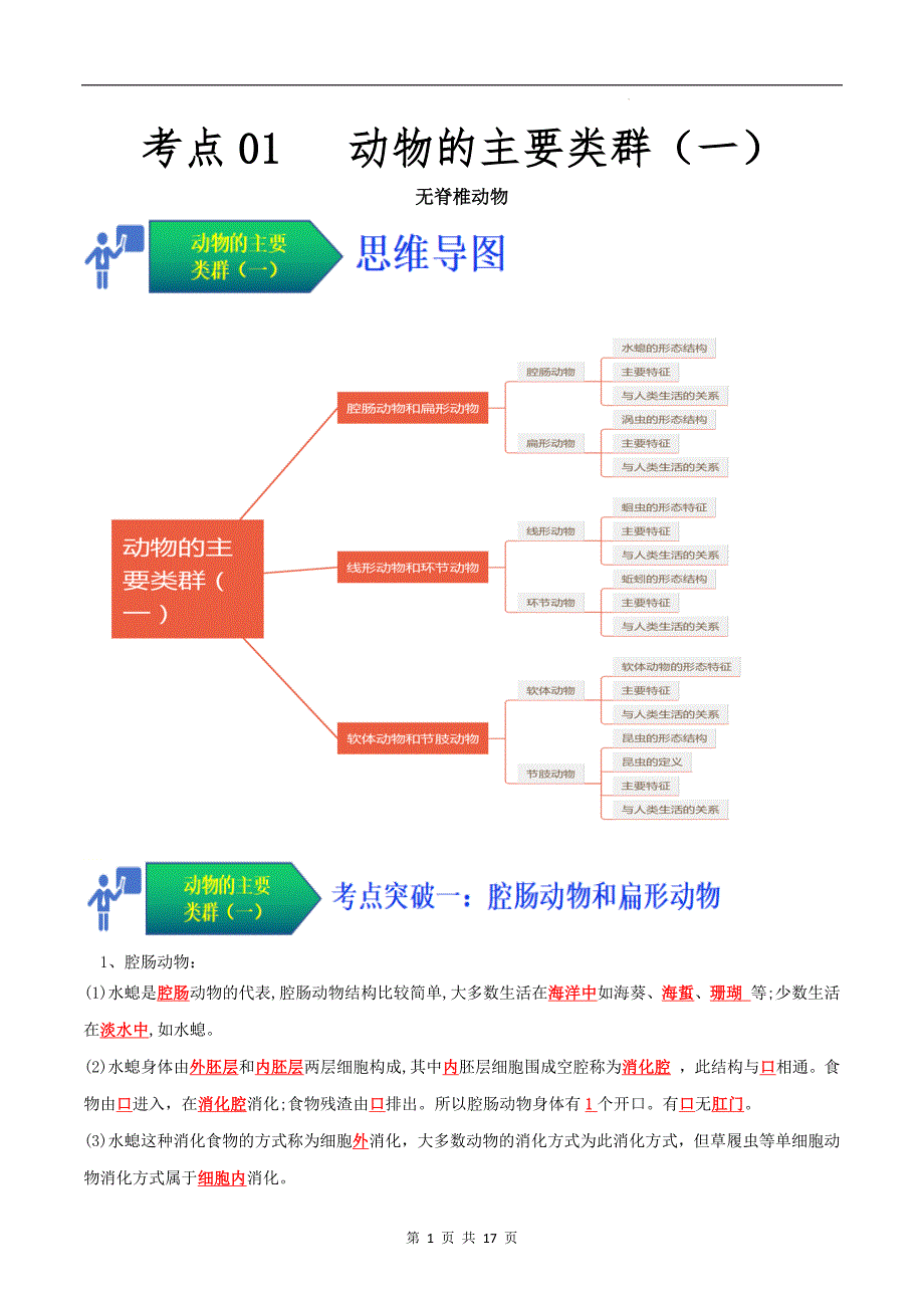 【人教】考点01 动物的主要类群（一、无脊椎动物）（解析版）_第1页