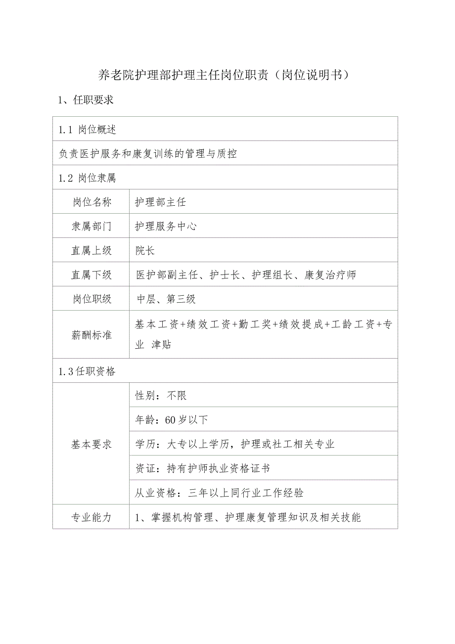 养老院护理部护理主任岗位职责（岗位说明书）_第1页