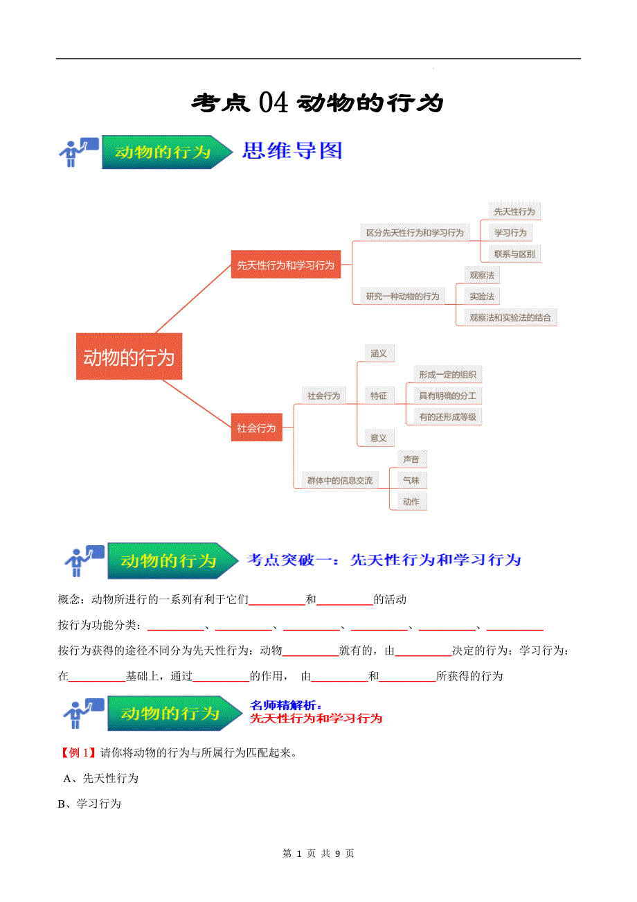 【人教】考点04 动物的行为（原卷版）_第1页