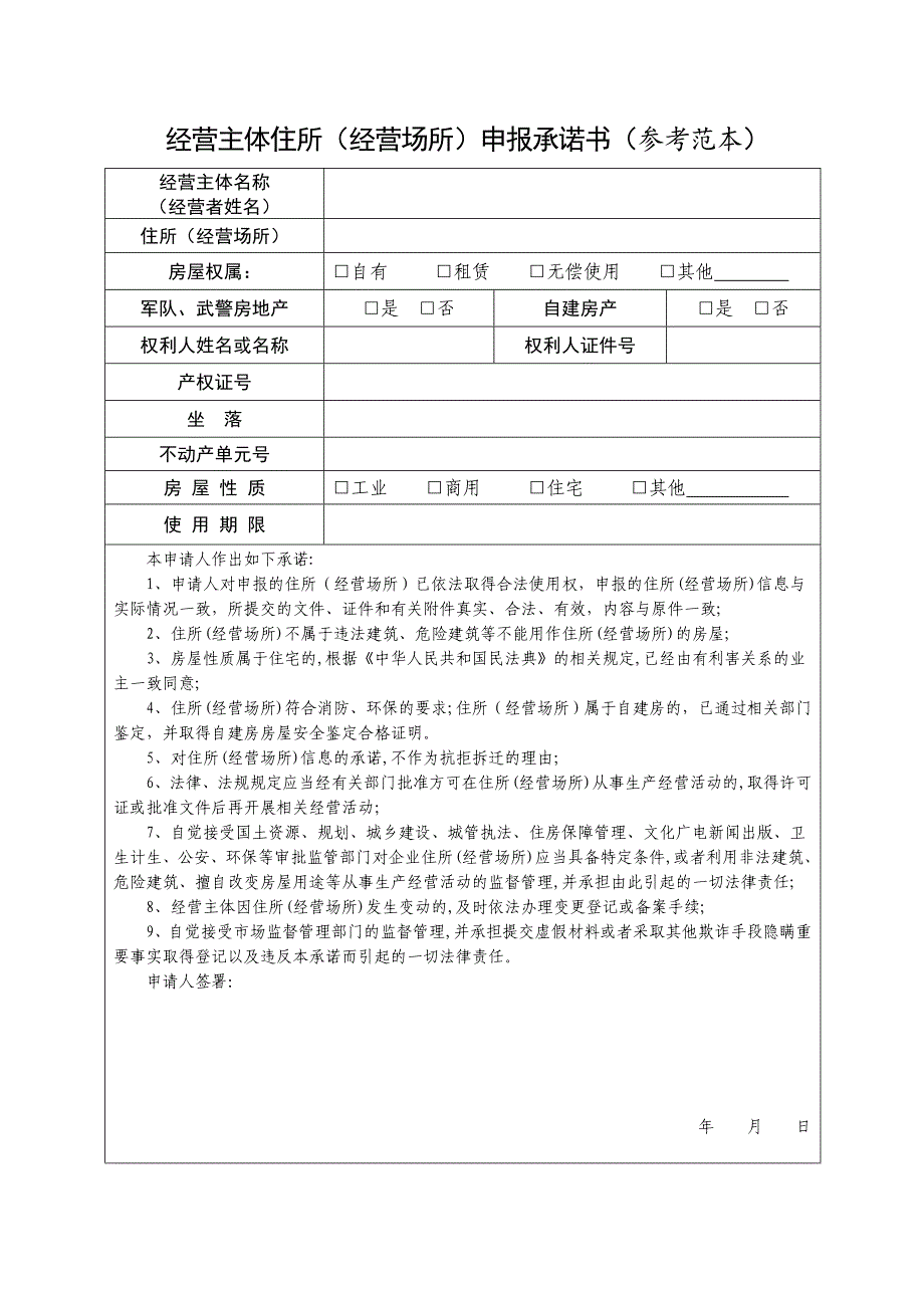 市场主体住所（经营场所）申报承诺书(2)_第1页