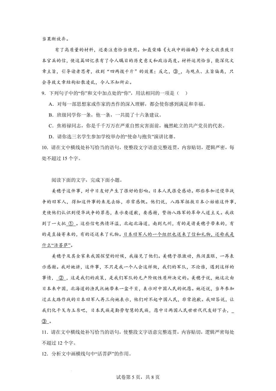 【语文】《大战中的插曲》同步练习+2024-2025学年统编版高中语文选择性必修上册_第5页