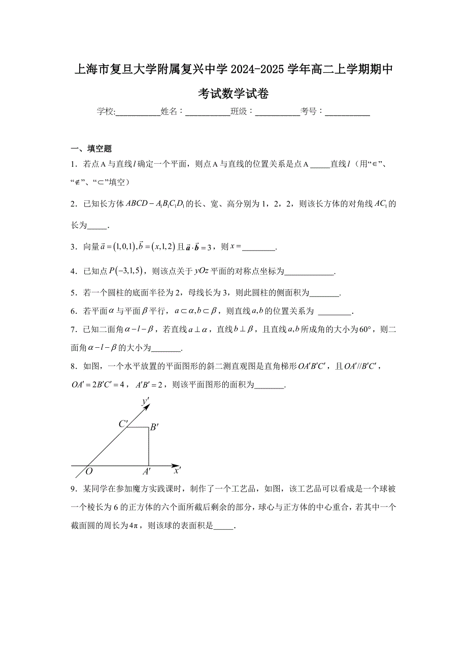 上海市复旦大学附属复兴中学2024-2025学年高二上学期期中考试数学试卷[含答案]_第1页