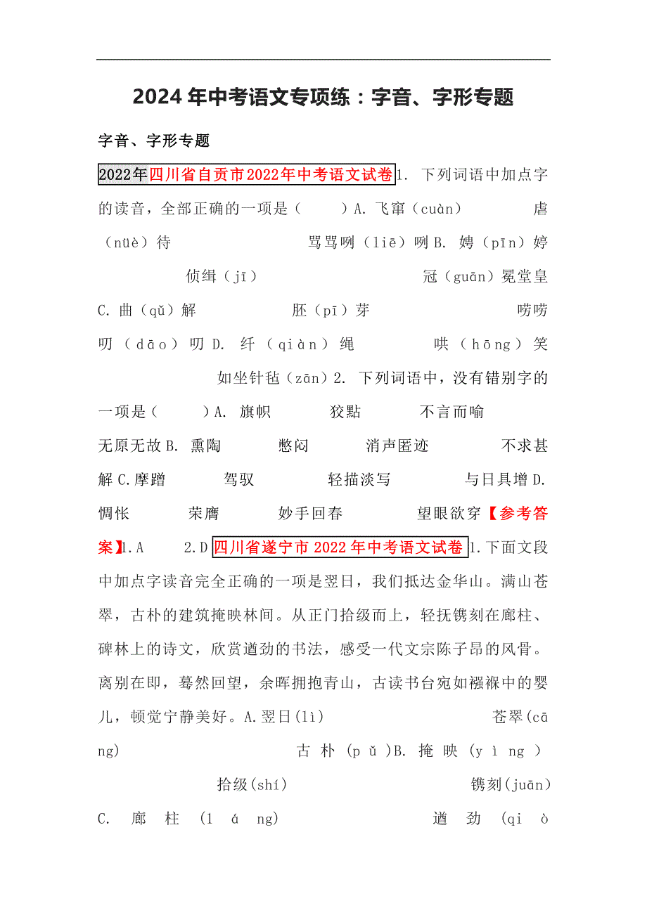 2024年中考语文专项练：字音、字形专题_第1页