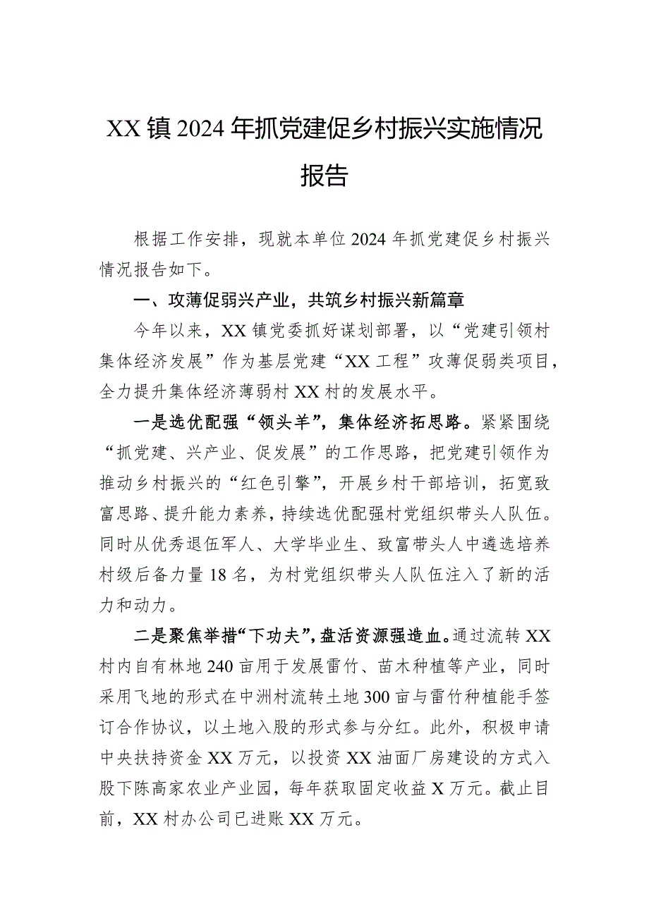 镇2024年抓党建促乡村振兴实施情况报告_第1页