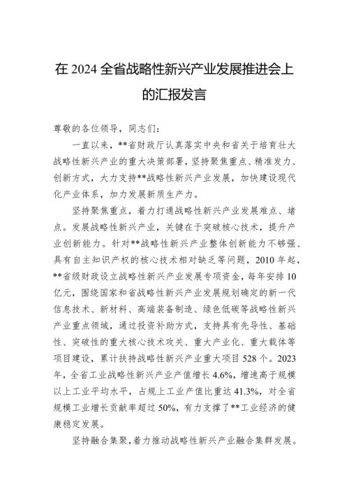 在2024全省战略性新兴产业发展推进会上的汇报发言