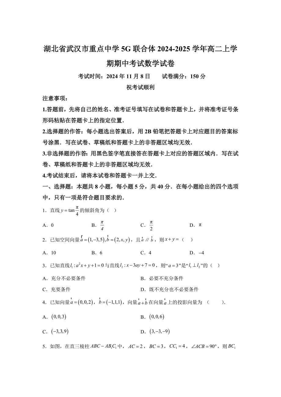 湖北省武汉市重点中学5G联合体2024-2025学年高二上学期期中考试数学_第1页