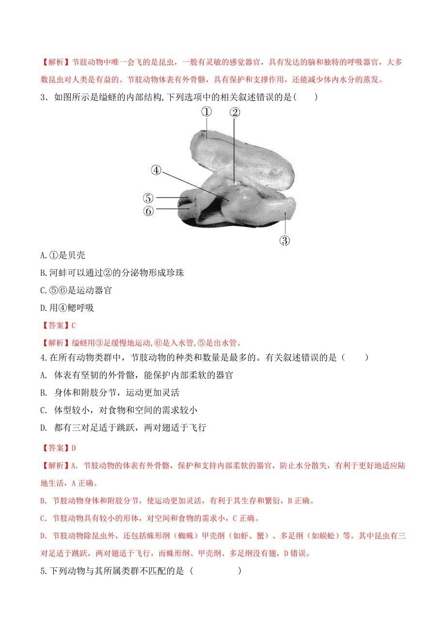 【人教】课时练习5.1.3 软体动物和节肢动物-课后培优分级练（人教版）（解析版）_第5页