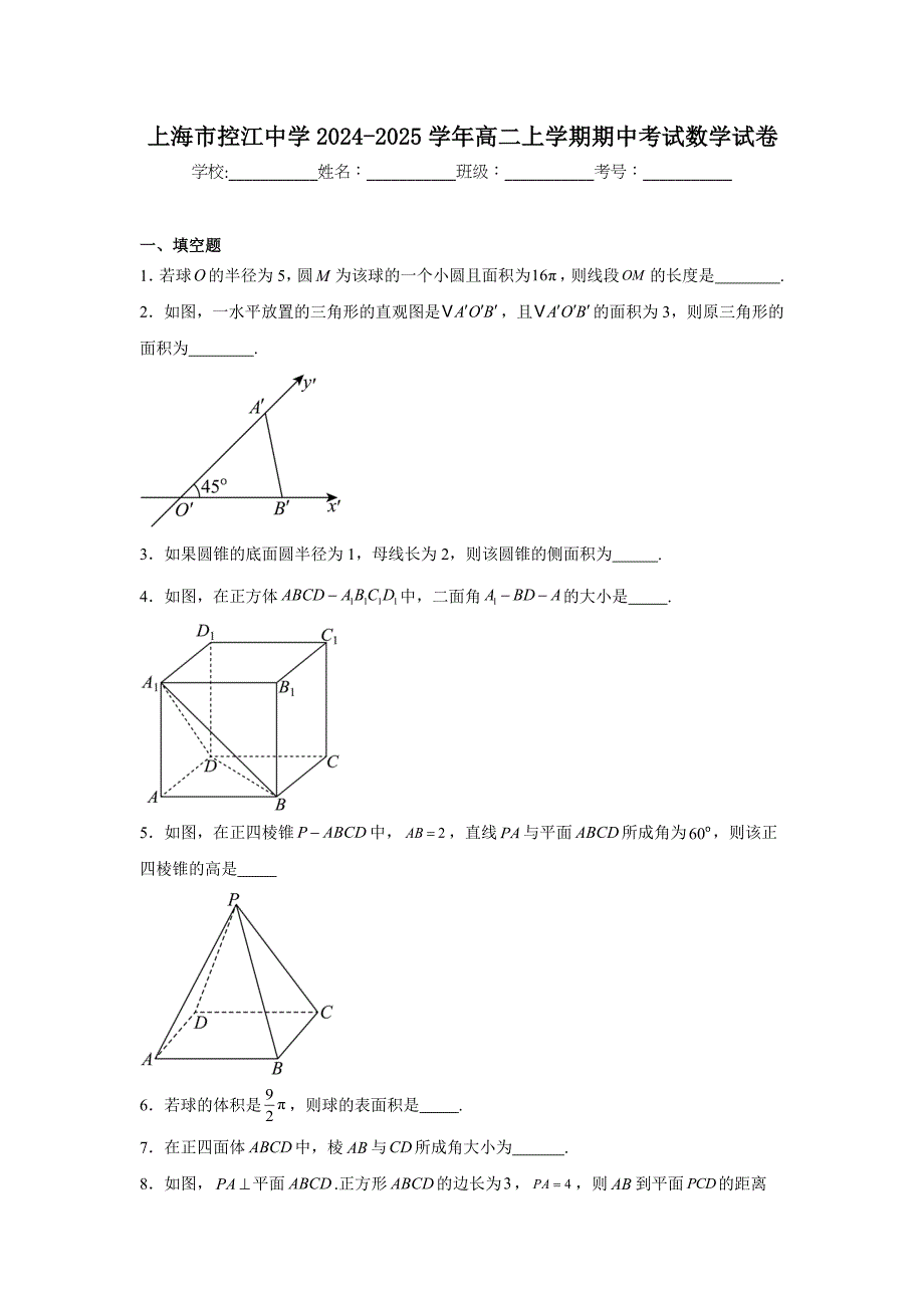 上海市控江中学2024-2025学年高二上学期期中考试数学试卷[含答案]_第1页