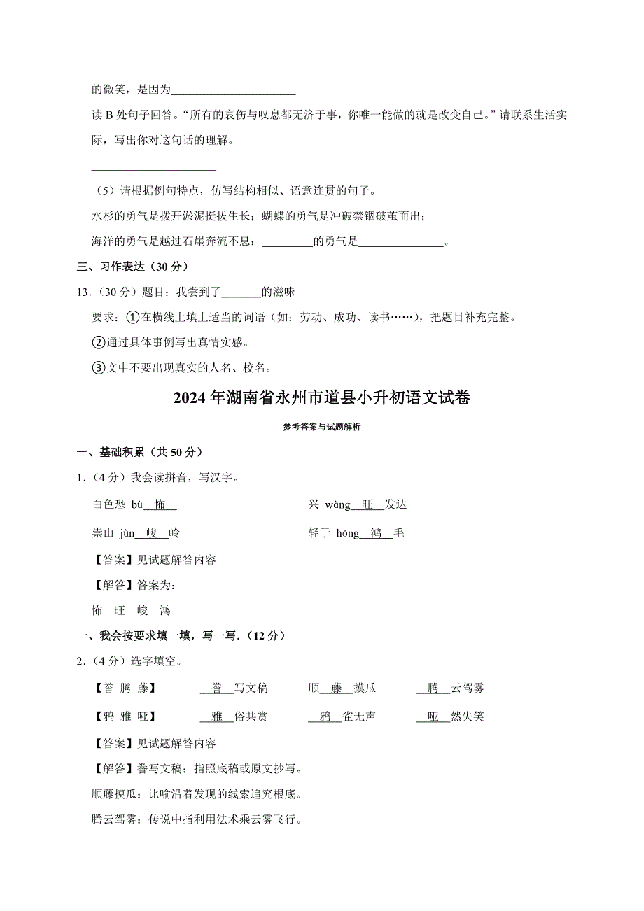 2024年湖南省永州市道县小升初语文试卷（原卷全解析版）_第4页