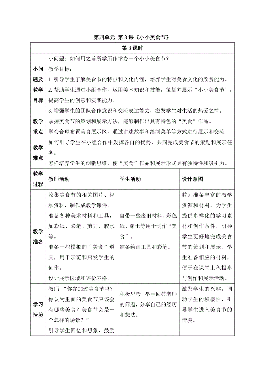 人美版美术一年级上册《第四单元3 小小美食节》教案_第1页