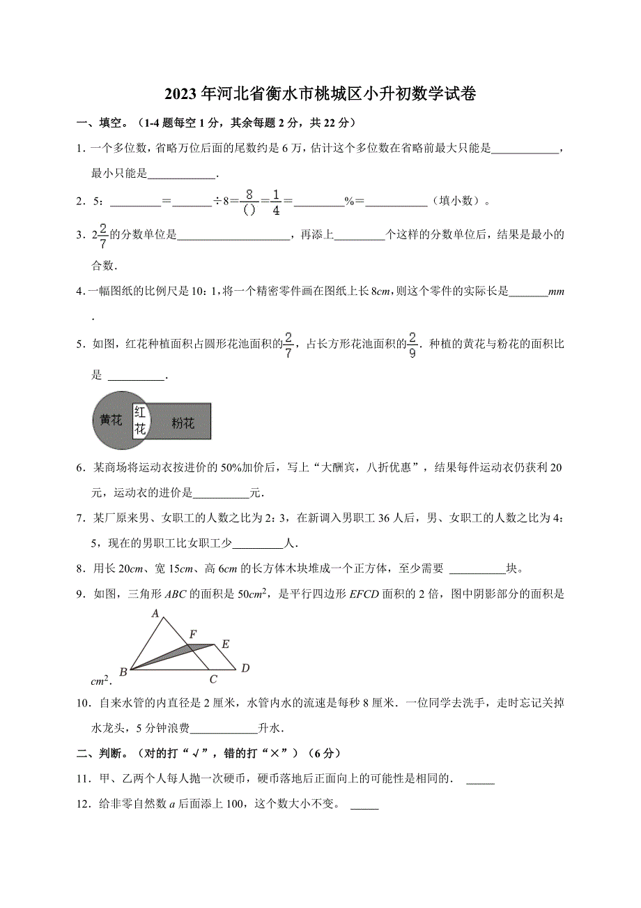 2024年河北省衡水市桃城区小升初数学试卷（全解析版）_第1页