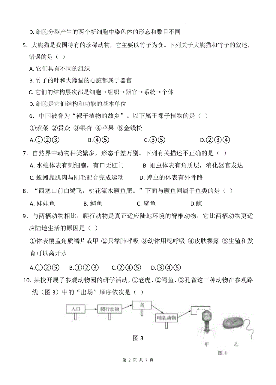 人教版七年级生物上册期末测试卷（带答案）_第2页