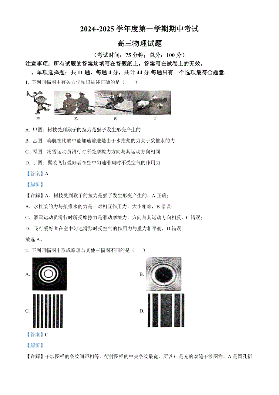 江苏省泰州市泰兴市2024-2025学年高三上学期11月期中联考物理试题 含解析_第1页