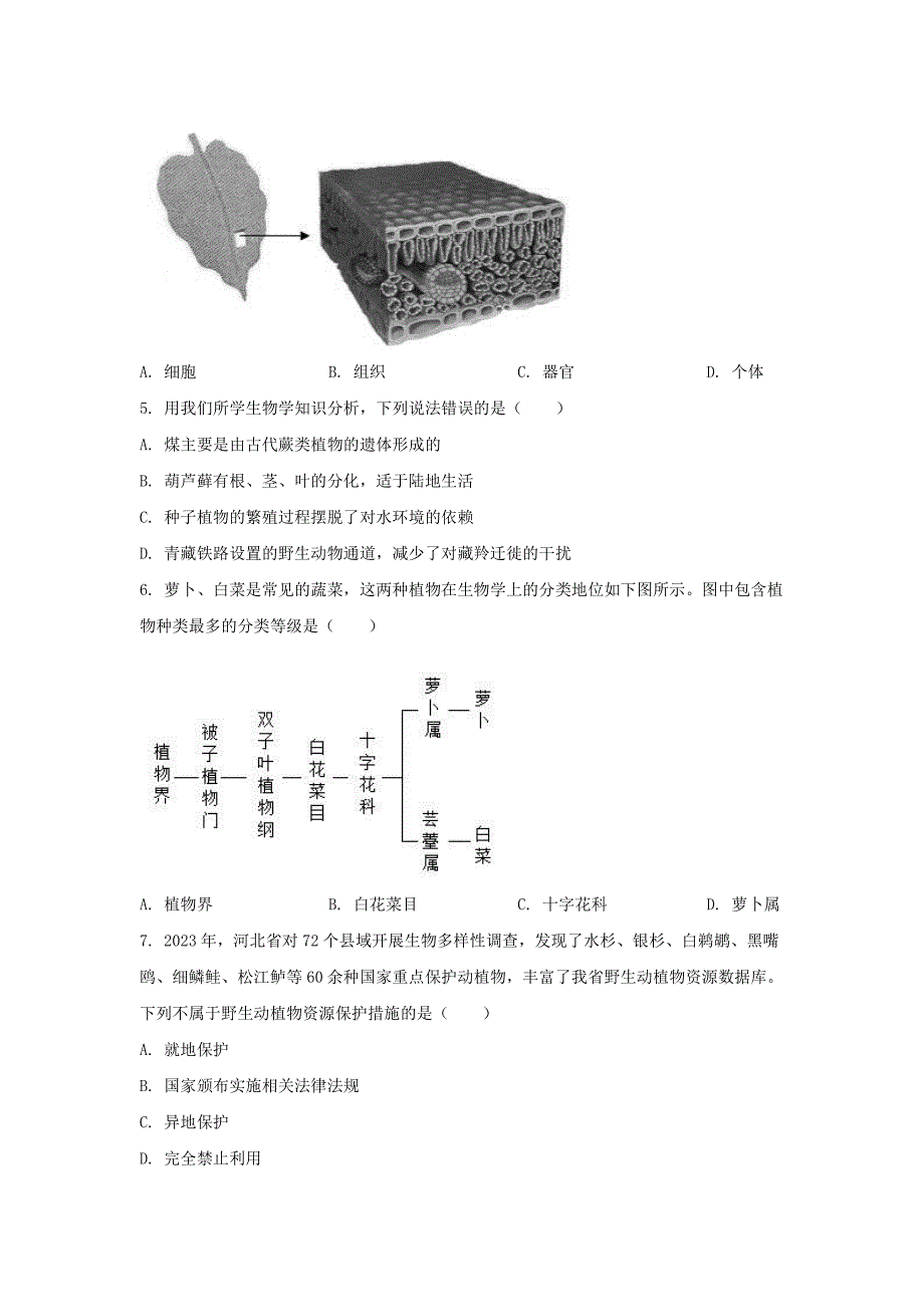 2024年河北沧州中考生物试题及答案_第2页