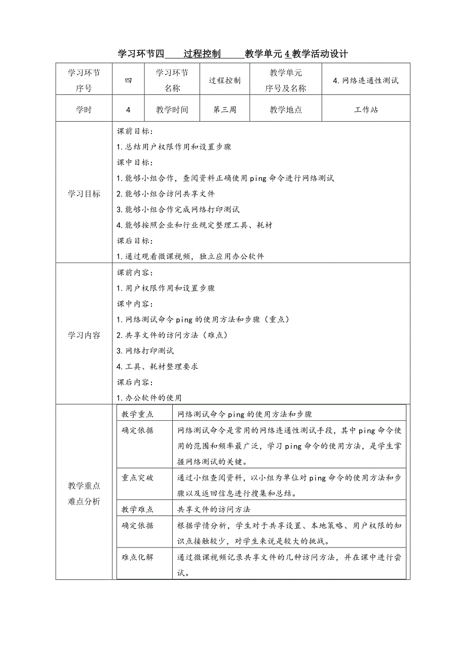 任务1教学单元4《小型网络安装与调试》之教学单元活动方案_第1页