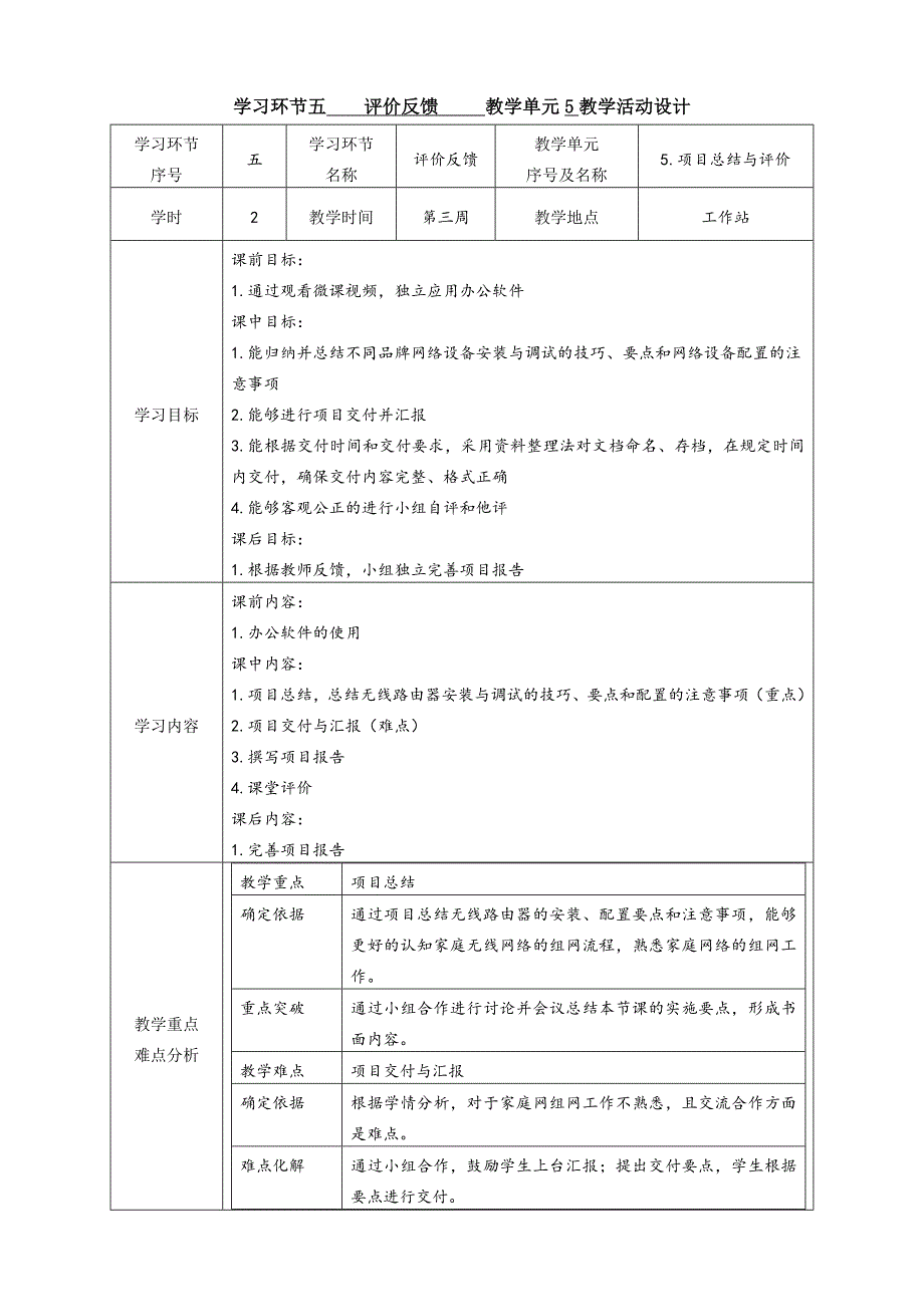 任务1教学单元5《小型网络安装与调试》之教学单元活动方案_第1页