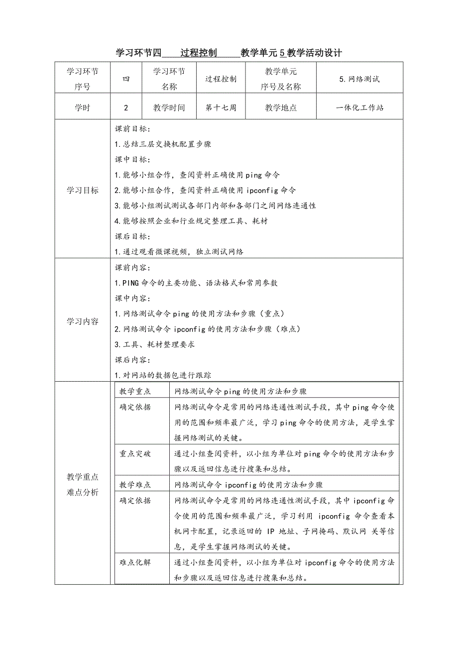 工学一体化课程《小型网络安装与调试》任务4教学单元5之教学单元活动方案_第1页