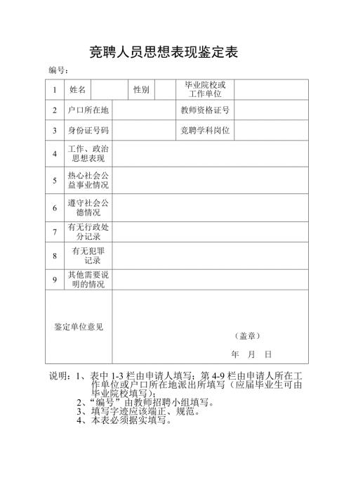 申报竞聘人思想表现鉴定表