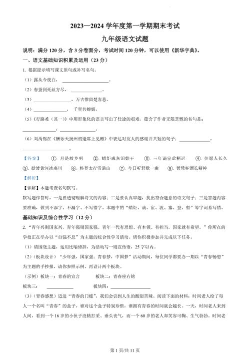 安徽省池州市青阳县2023-2024学年九年级上学期期末语文试题（解析版）