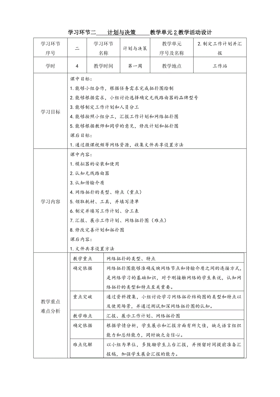 任务1教学单元2《小型网络安装与调试》之教学单元活动方案_第1页