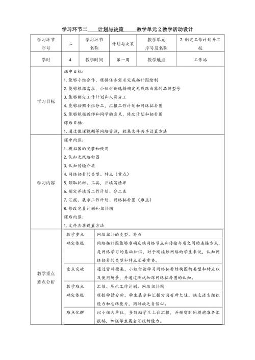 任务1教学单元2《小型网络安装与调试》之教学单元活动方案