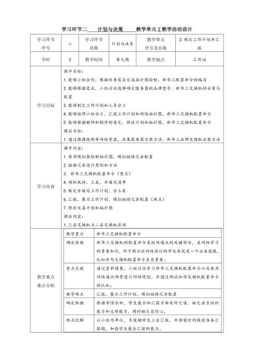 工学一体化课程《小型网络安装与调试》任务3教学单元2之教学单元活动方案