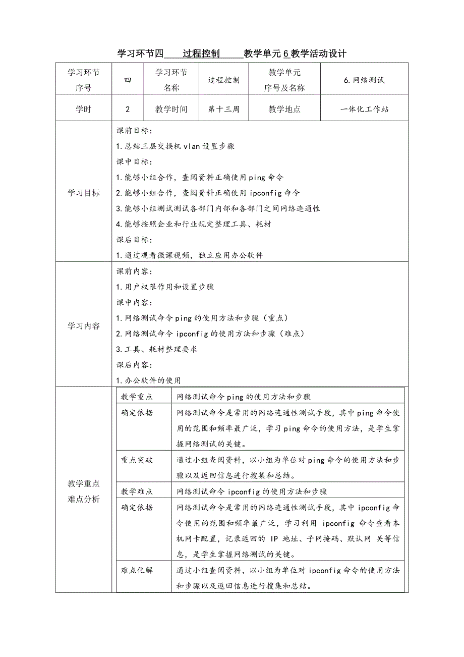 工学一体化课程《小型网络安装与调试》任务3教学单元6之教学单元活动方案_第1页