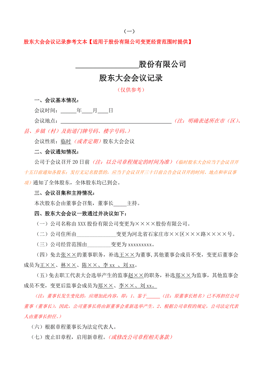 股份有限公司变更名称、地址、范围、期限、法人、监事、经理所需的变更的股东大会记录_第1页