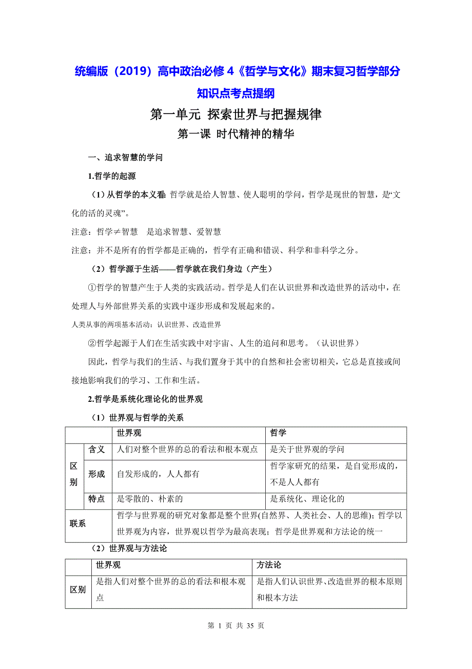 统编版（2019）高中政治必修4《哲学与文化》期末复习哲学部分知识点考点提纲_第1页