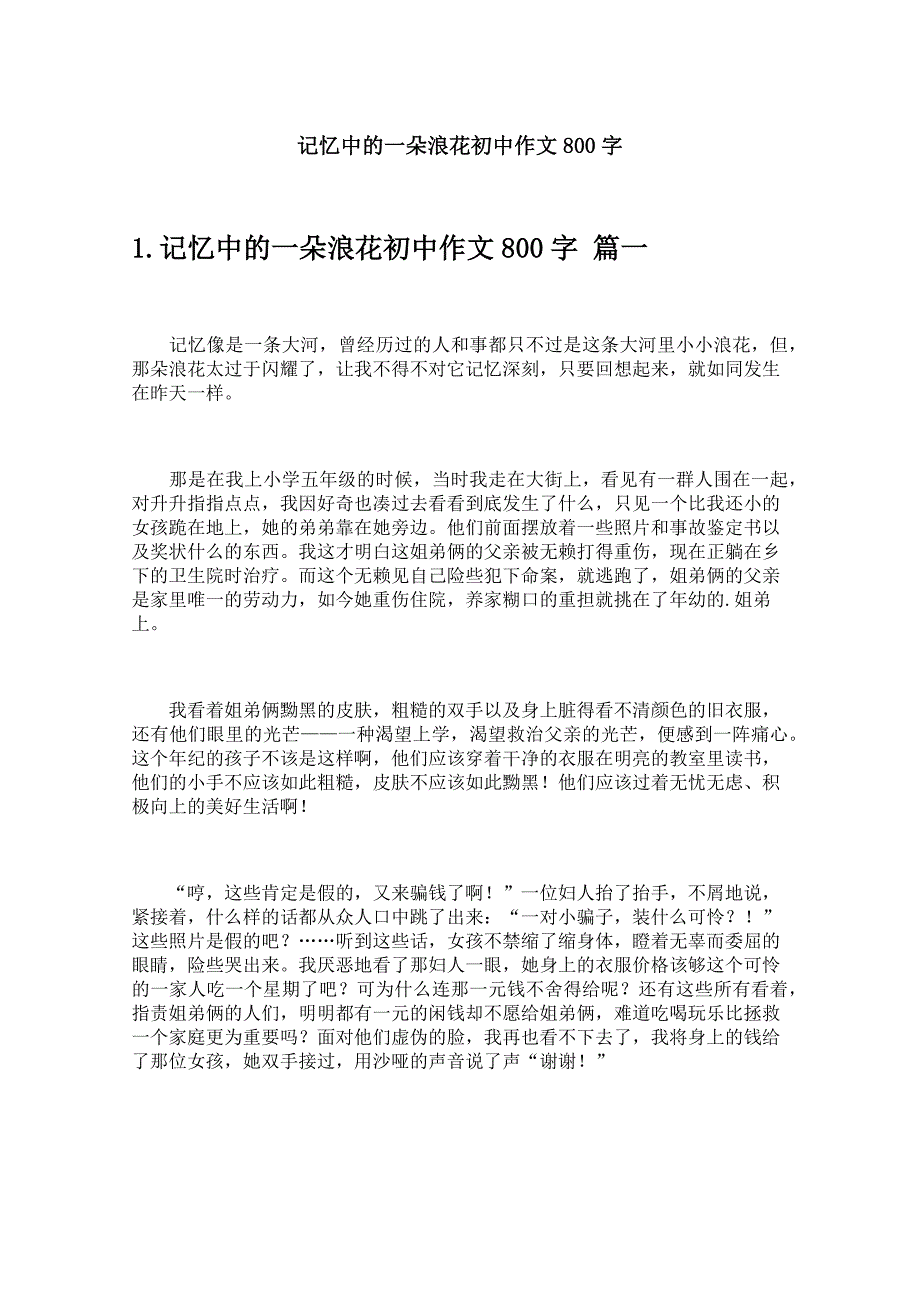 记忆中的一朵浪花初中作文800字_第1页