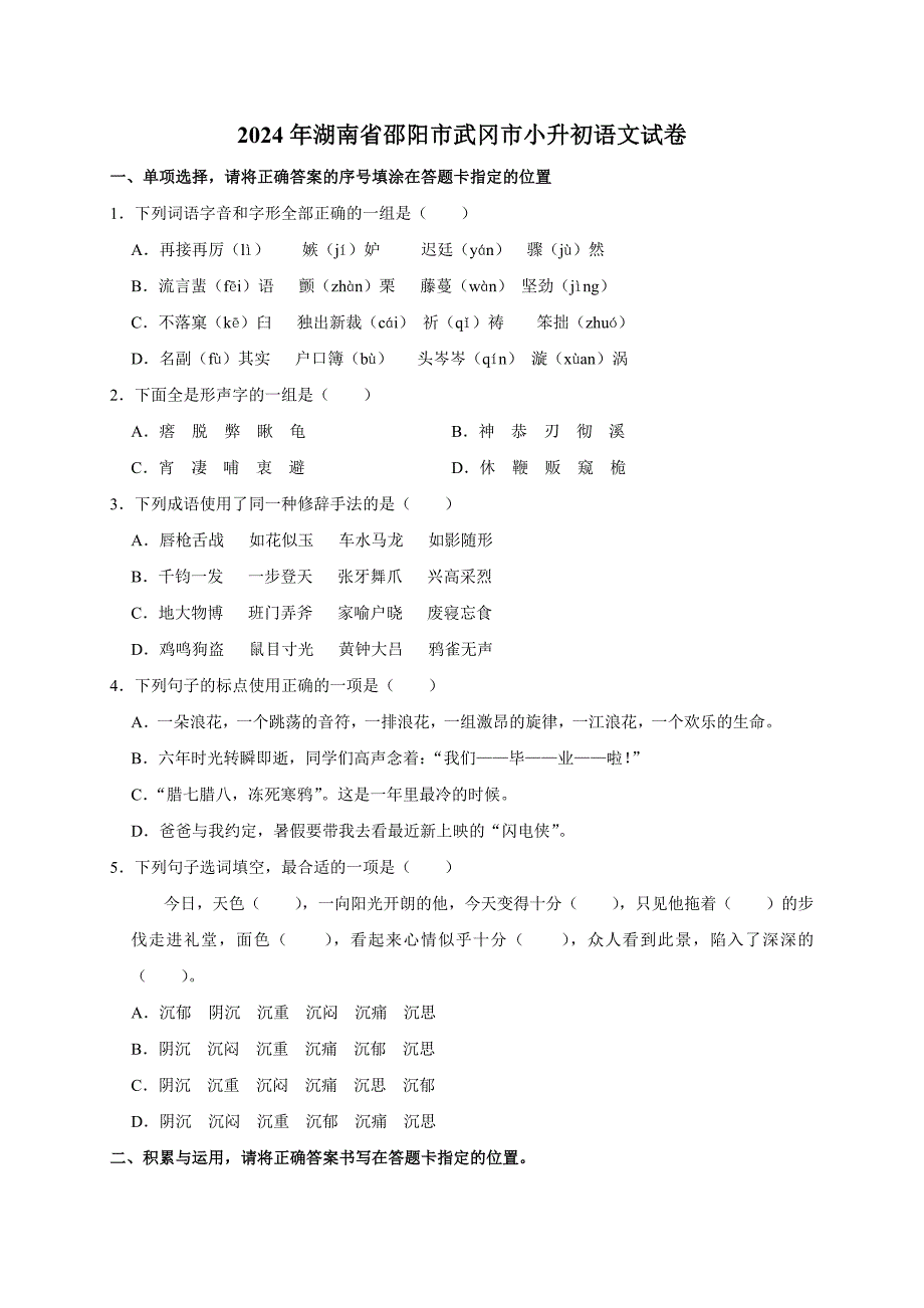 2024年湖南省邵阳市武冈市小升初语文试卷（原卷全解析版）_第1页