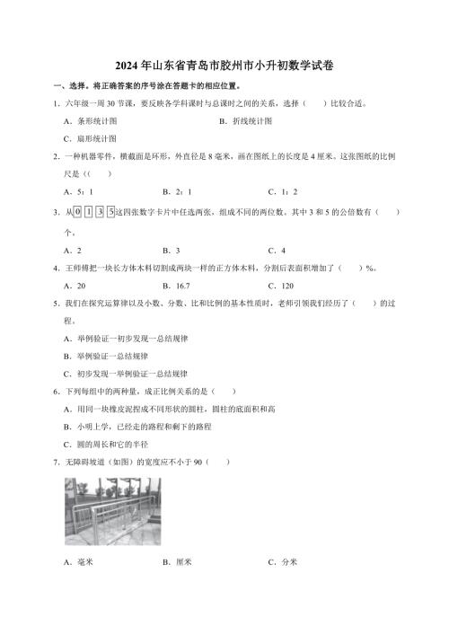 2024年山东省青岛市胶州市小升初数学试卷（原卷全解析版）