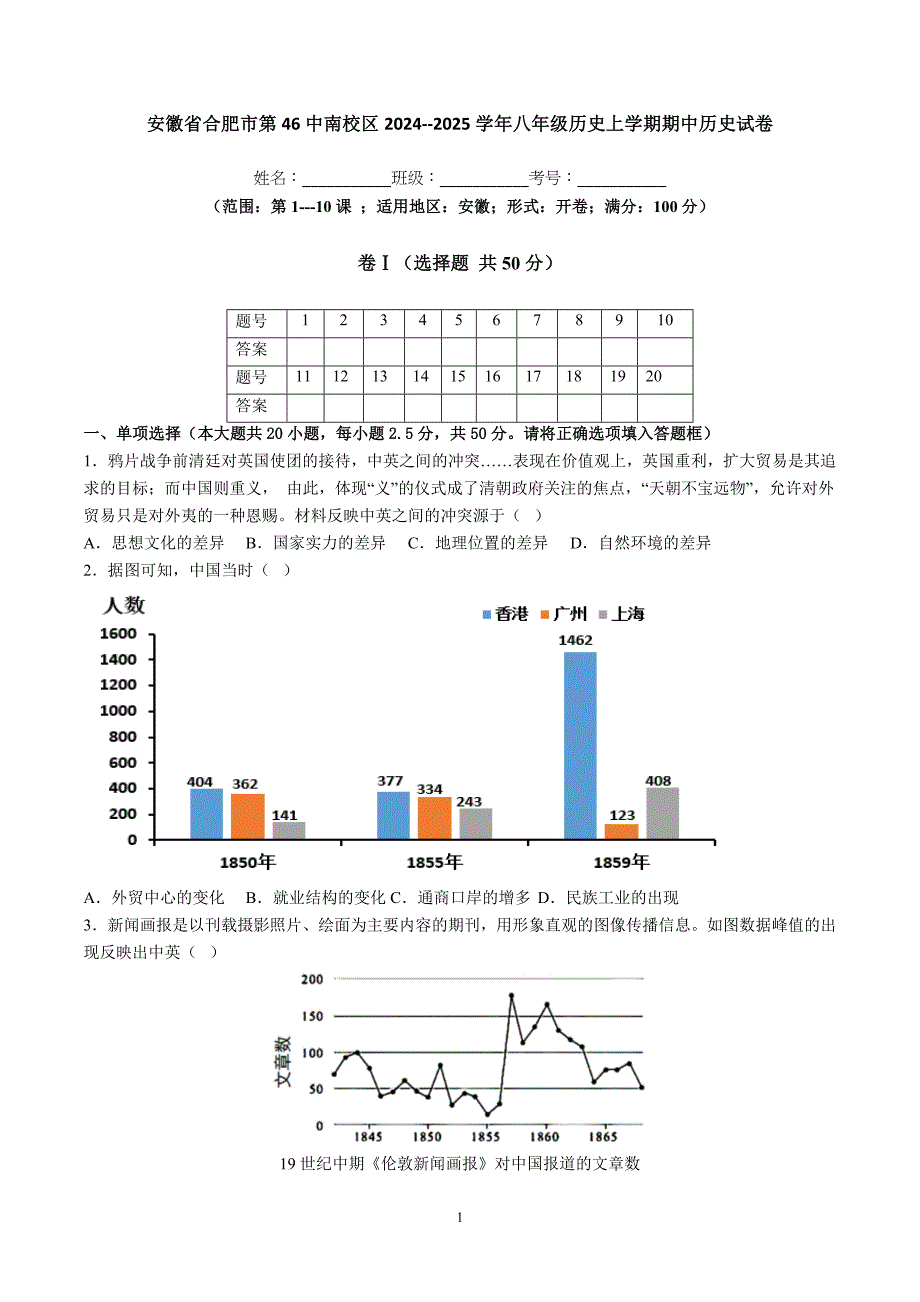 【8历期中】安徽省合肥市第46中南校区2024--2025学年八年级历史上学期期中历史试卷_第1页