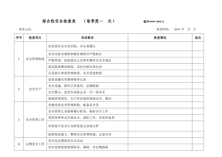 安全检查表精简版（综合、车间、仓库、电气、防火防爆消防、季节、节假日）_第1页