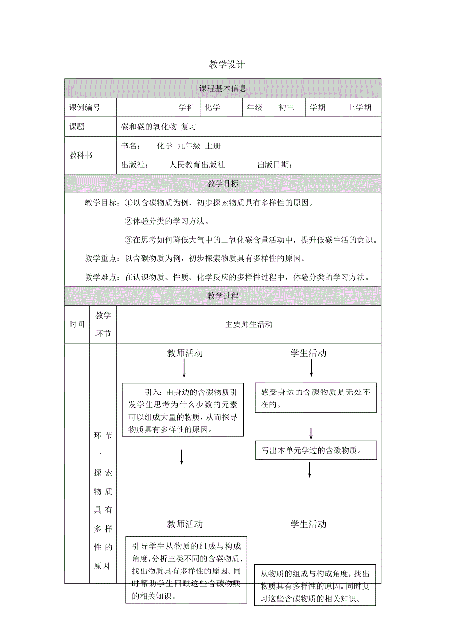 2024年初中化学九年级上册【化学(人教版)】碳和碳的氧化物+复习+教学设计_第1页