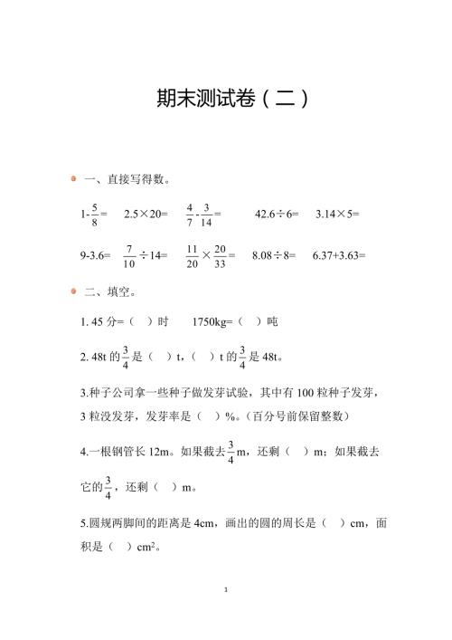 2024北师数学六年级上册期末测试卷（二）