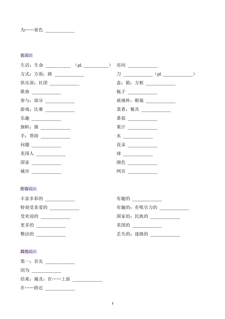 新仁爱版七年级英语上册期中复习专题03 Unit 3 词汇短语句型分类归纳【知识清单】(默写版）_第3页