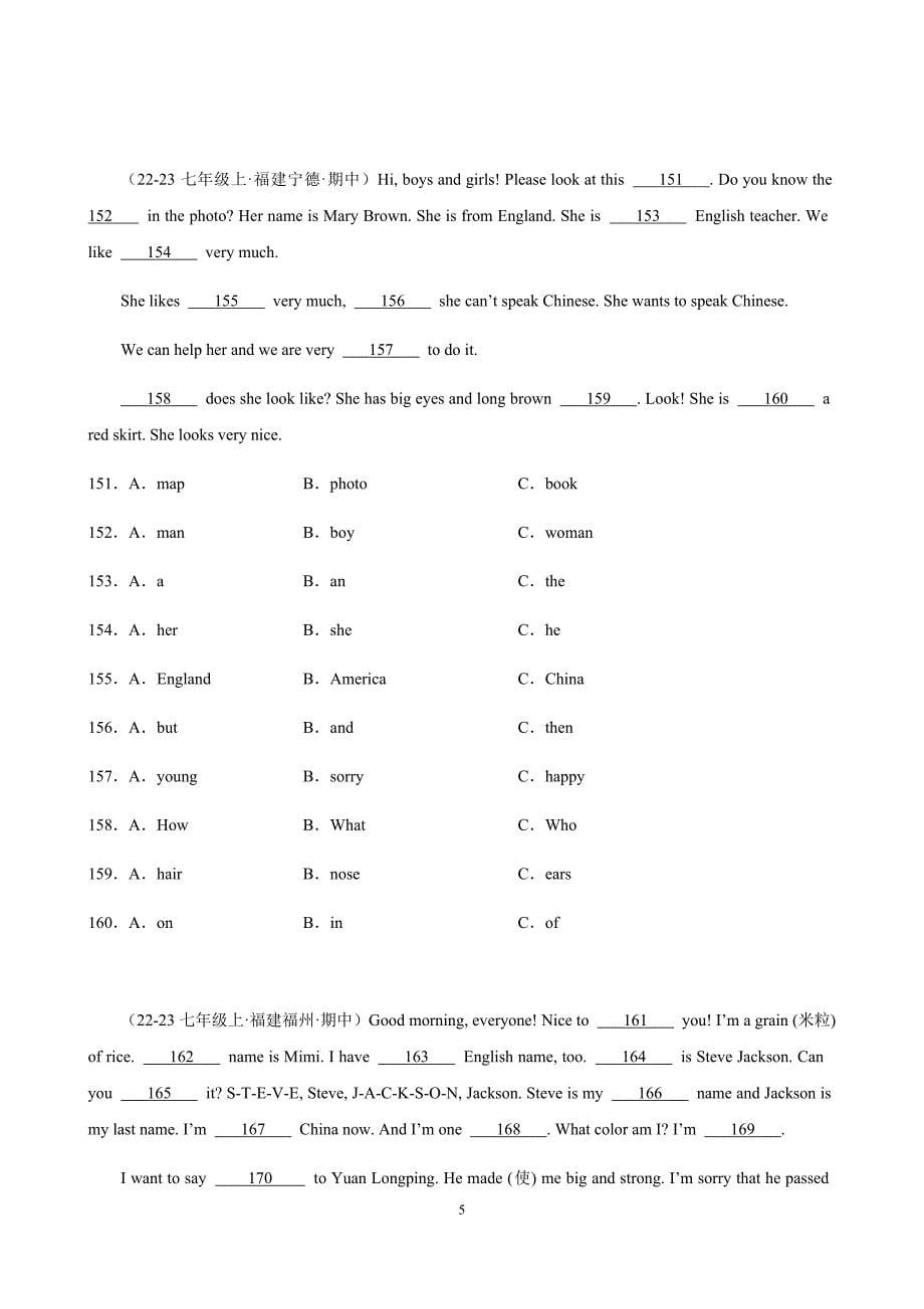 新仁爱版七年级英语上册专题02 期中复习之完形填空20篇_第5页