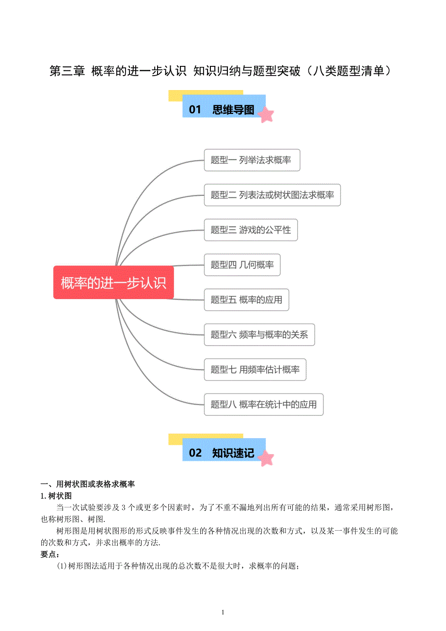 北师版九年级数学第三章 概率的进一步认识 知识归纳与题型突破（八类题型清单）_第1页