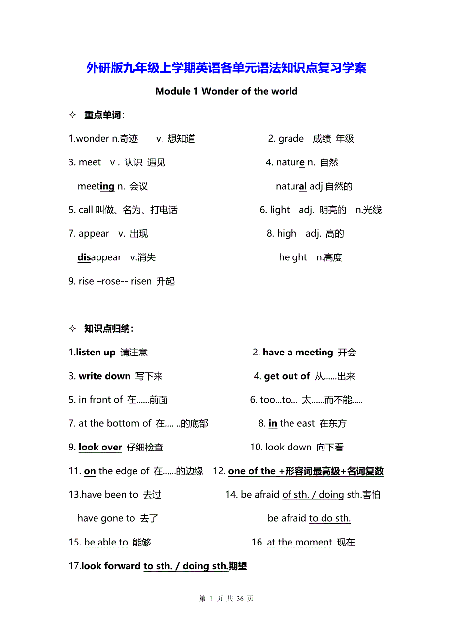 外研版九年级上学期英语各单元语法知识点复习学案_第1页